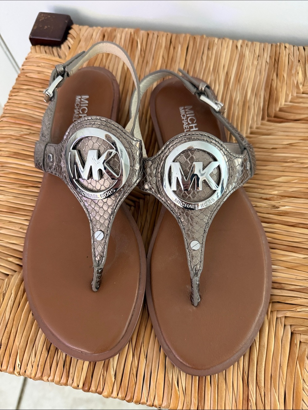 Michael Kors Metallic Taupe Brown MK Logo Thong Sandals